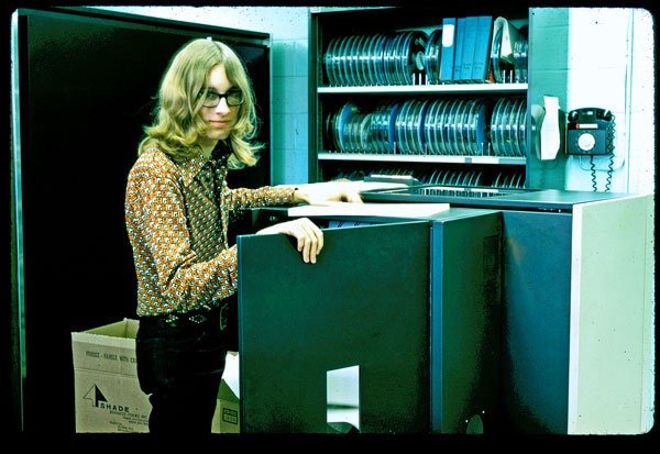 DAVE WOOLEY AT THE PRINTER IN THE CERL PLATO COMPUTER ROOM, 1973